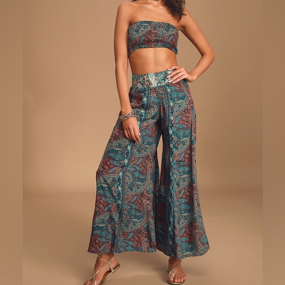 Raga Mystic Garden Turquoise Paisley Print Embroidered Wide-Leg Pants Size Large - Picture 4 of 4